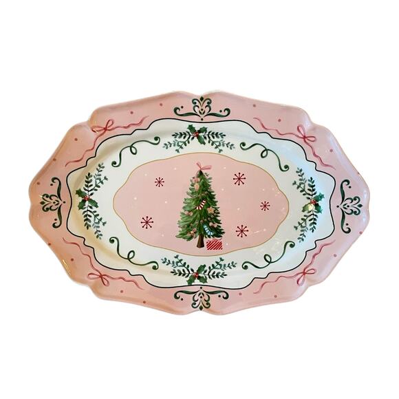 Pink Christmas Tree Serving Platter 14x10 Ceramic Holiday Bows Holly NEW - Picture 11 of 12